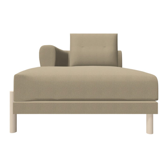 Beige chaise lounge with a modern design and subtle square armrest, featuring a smooth, textured fabric finish.
