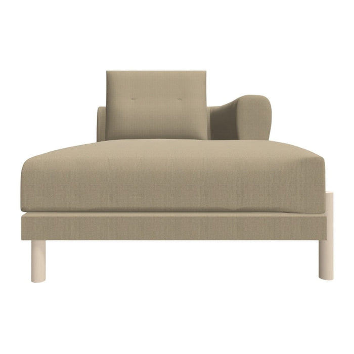 Beige chaise lounge with a textured pattern and minimalist design, featuring a single arm and loose cushion.