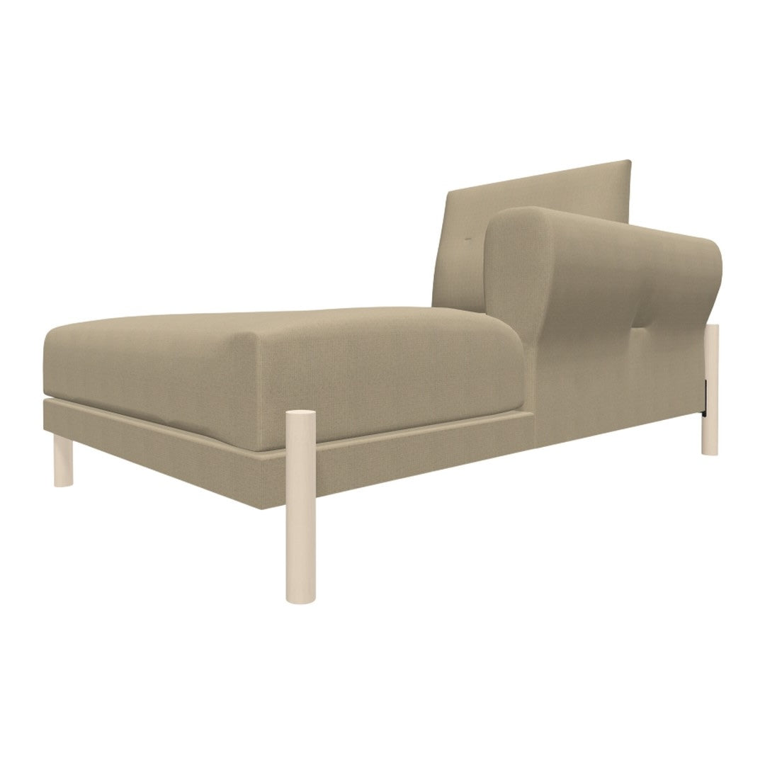Stylish beige chaise lounge with minimalist design and smooth upholstery, featuring light wooden legs.