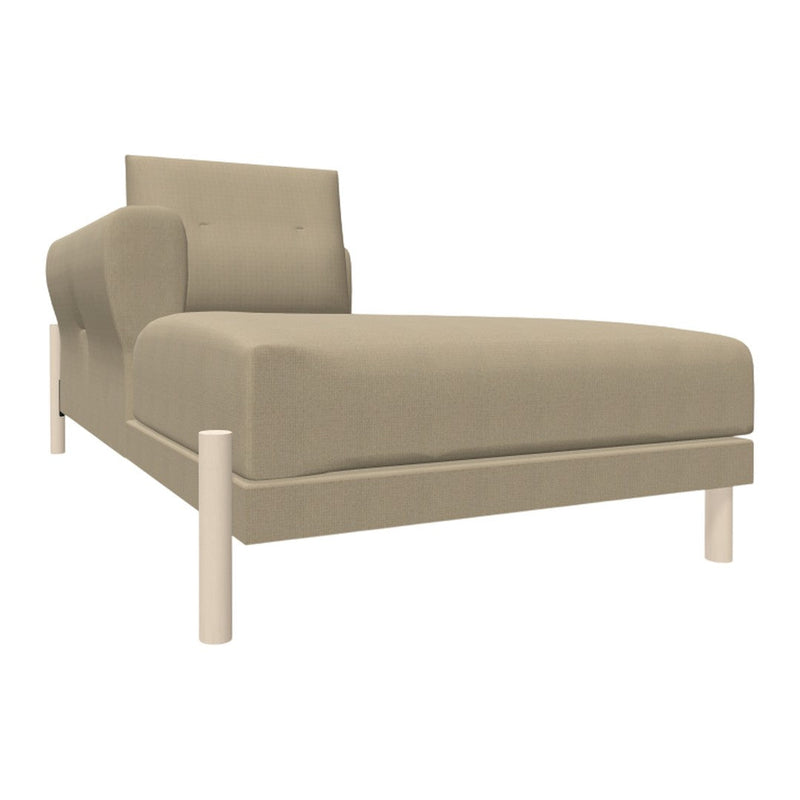 Beige chaise lounge with a sleek design and soft fabric upholstery, featuring minimalistic white legs.