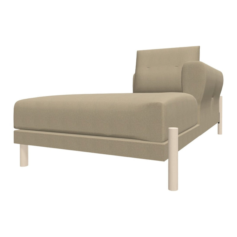 Beige upholstered chaise lounge with smooth fabric and white wooden legs, perfect for modern interiors.
