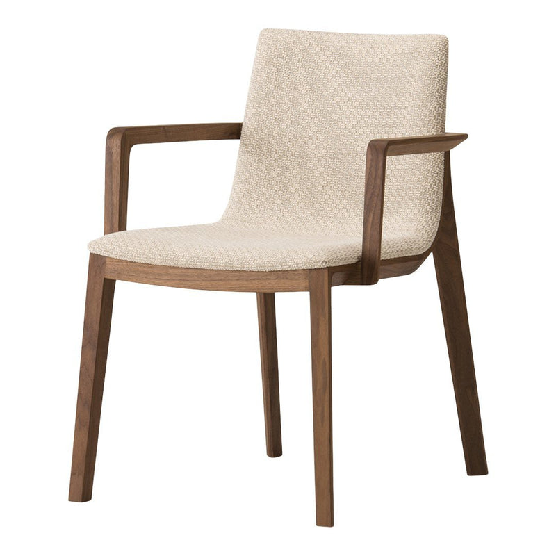 Beige textured upholstery with a natural wood finish, perfect for modern or minimalist decor.
