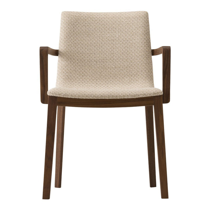 Beige textured fabric chair with wooden arms and legs, featuring a subtle geometric pattern.