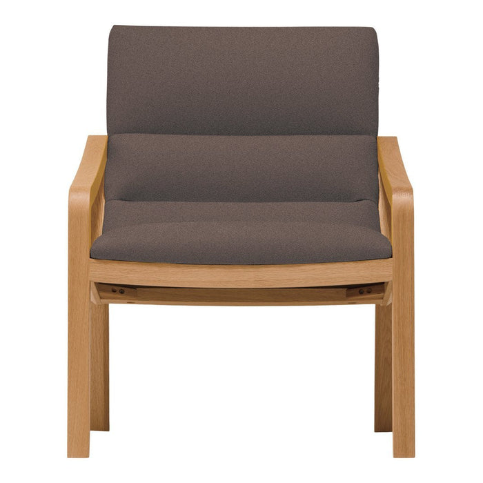"Modern wooden chair with a sleek, light oak frame and dark gray cushioned seat and backrest."
