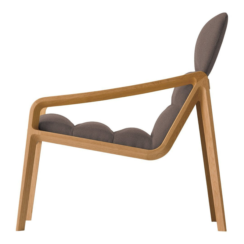 Sleek wooden chair with a light natural finish and soft, gray upholstery highlighting a modern design.