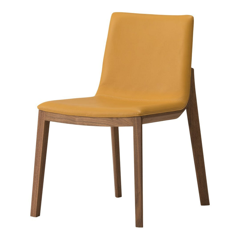 Stylish yellow leather dining chair with minimalist design and natural wood legs, perfect for modern decor.