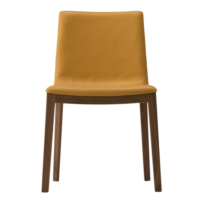 Orange-yellow chair with a smooth matte finish and brown wooden legs, showcasing a sleek, modern design.