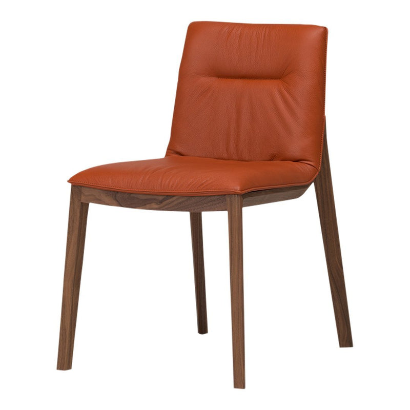 "Modern chair with a warm orange leather seat and smooth wooden legs for a stylish accent."