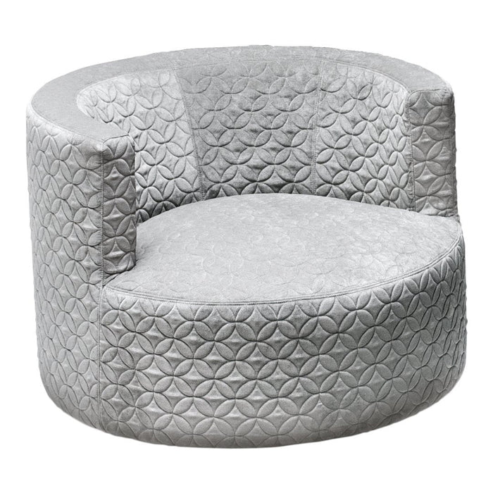 Silver circular chair with textured geometric pattern, featuring a plush upholstery for a modern look.