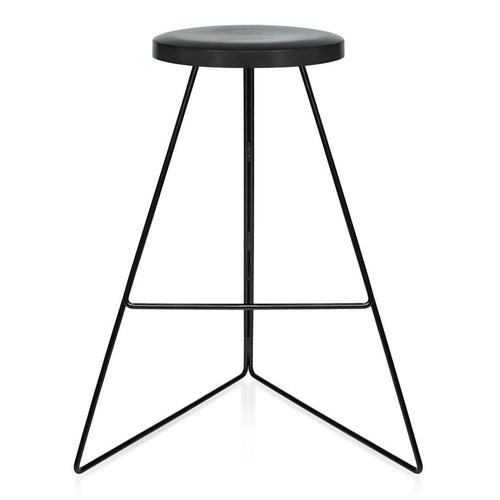 Black metal bar stool with a sleek, minimalist design featuring a round top and triangular base.