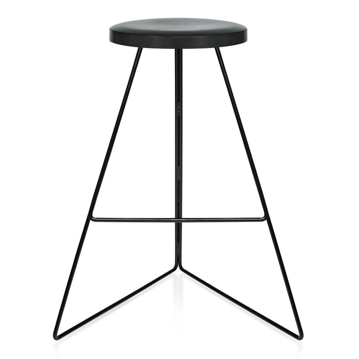 Black metal bar stool with a sleek, minimalist design featuring a round top and triangular base.