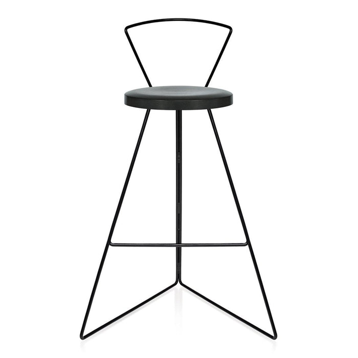Black metal bar stool with a sleek, geometric design and a smooth circular seat. Modern and minimalist style.