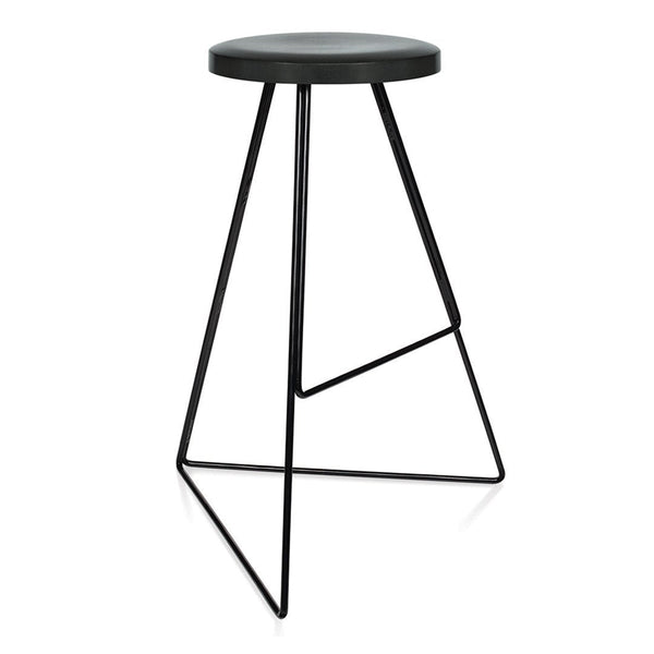 "Stylish black stool with a minimalist design and geometric metal legs, perfect for modern decor."