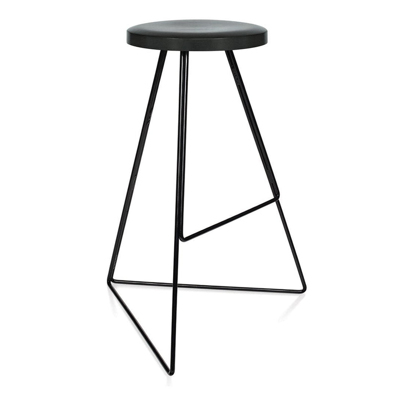 "Stylish black stool with a minimalist design and geometric metal legs, perfect for modern decor."