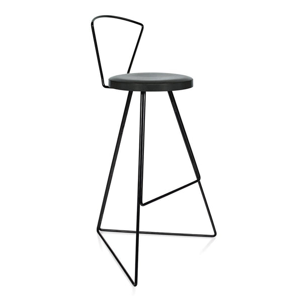Black modern bar stool with a sleek circular seat and minimalist wire frame, ideal for contemporary decor.