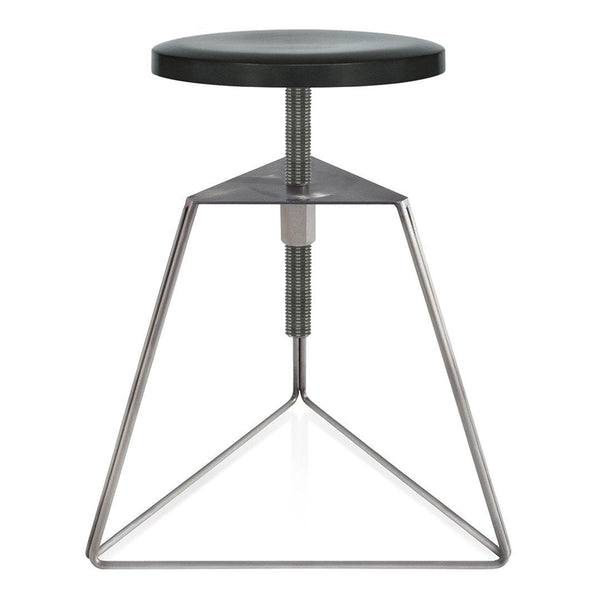 Adjustable stool with a sleek black seat and minimalist chrome geometric base, perfect for modern interiors.