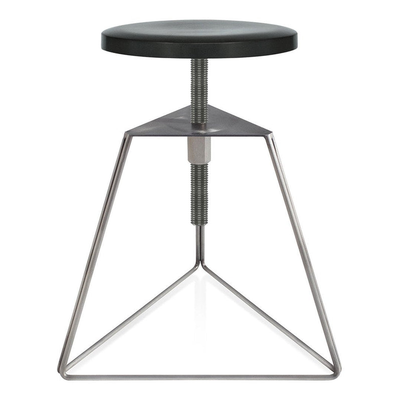 Adjustable stool with a sleek black seat and minimalist chrome geometric base, perfect for modern interiors.