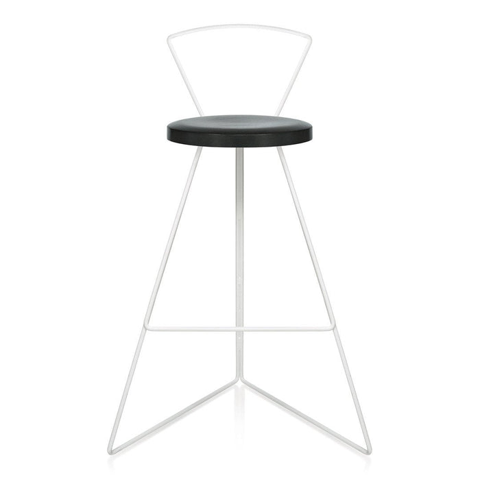 Black and white modern bar stool with a minimalist design and sleek geometric shape.