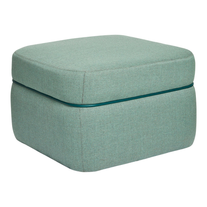 Mint green fabric ottoman with contrasting teal piping, featuring a textured weave for a modern look.