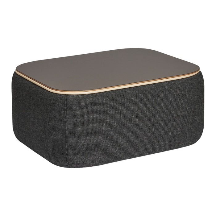 "Modern rectangular ottoman in dark gray fabric with a sleek brown top and light wood trim."