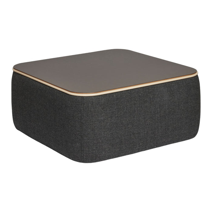 Gray upholstered ottoman with a smooth, dark wood top and minimalist design. Perfect for modern decor.