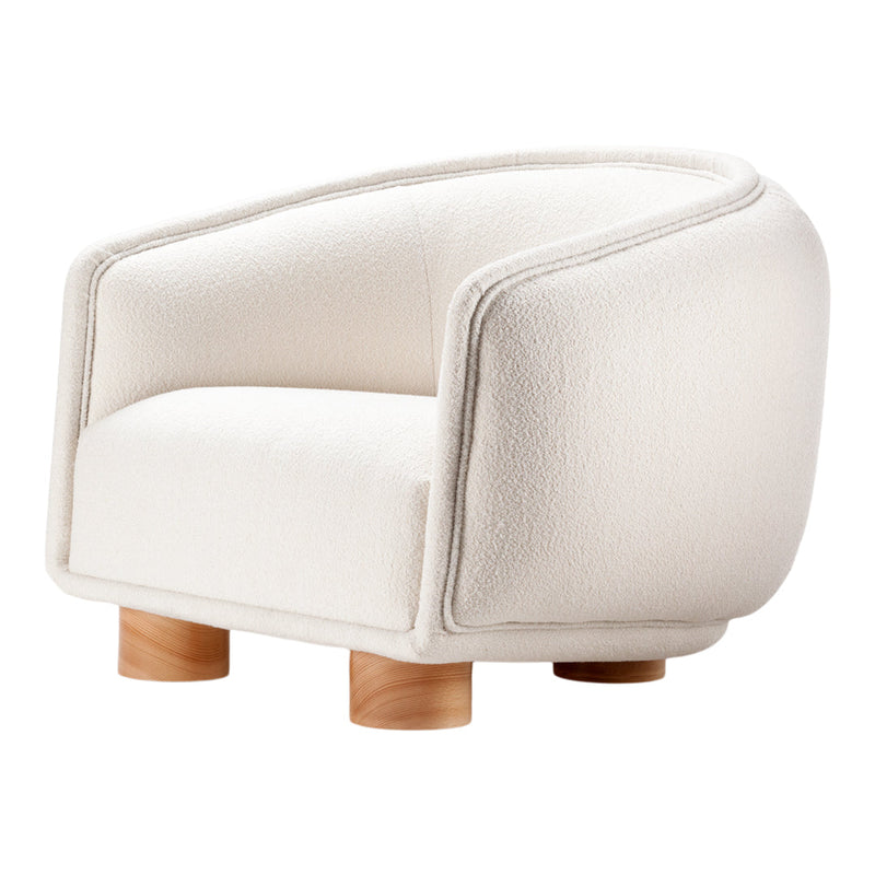 Cozy white armchair with soft, textured fabric and light wooden legs, perfect for modern home decor.