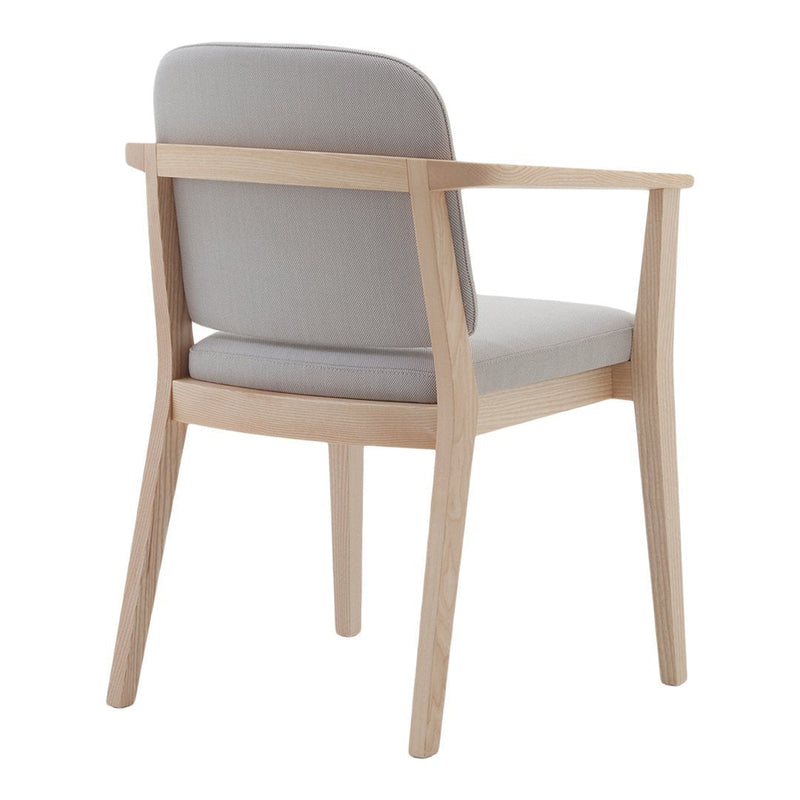 Gray upholstered chair with a light wooden frame, featuring a minimalist design and smooth, clean lines.
