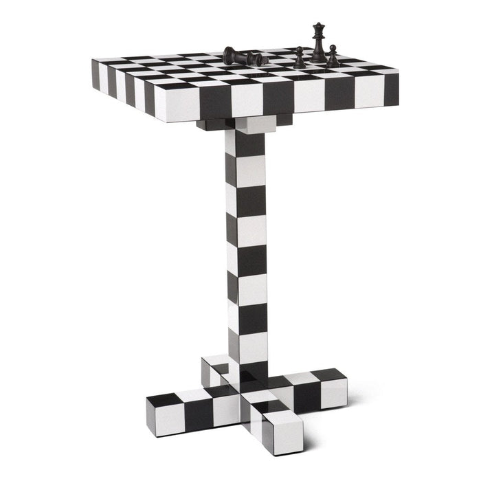 Black and white checkered table with a chessboard pattern, featuring a geometric design and contrasting squares.