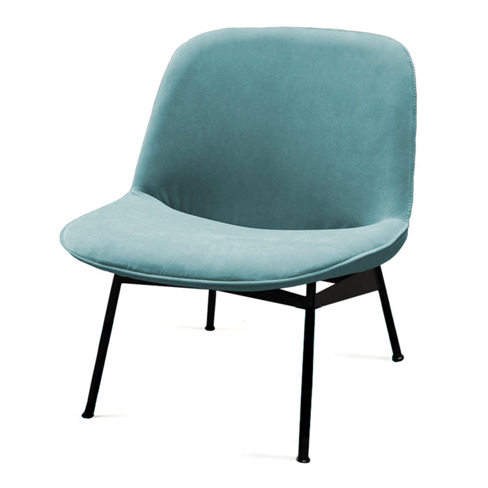 Teal velvet lounge chair with a sleek black metal frame and minimalist design. Perfect for modern decor.