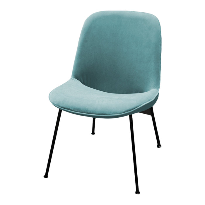Soft teal velvet chair with sleek black metal legs, minimalist design perfect for modern decor.