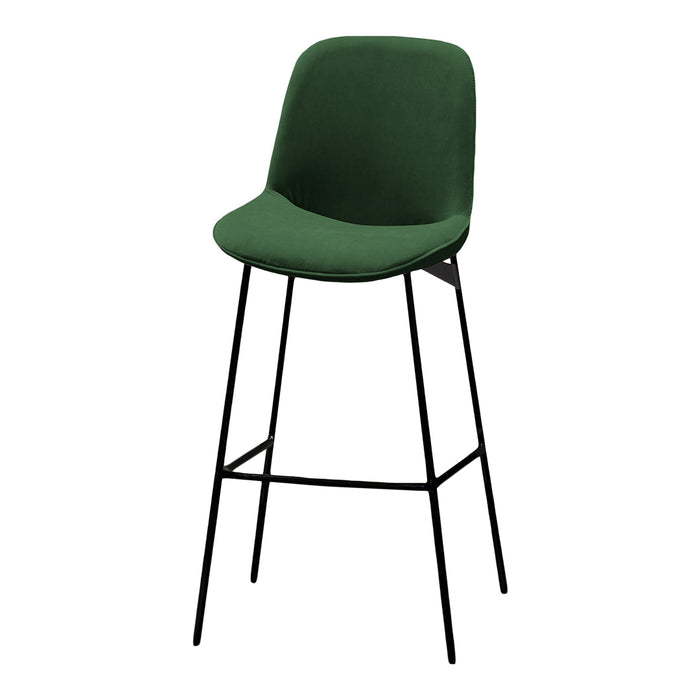 Green velvet bar stool with a sleek black metal frame, perfect for modern decor.