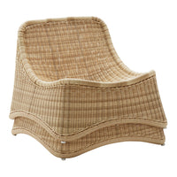 Natural woven rattan chair in light beige with a textured, curved design, perfect for any cozy space.