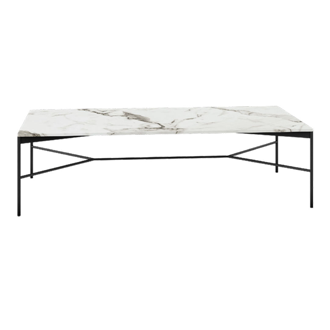 Elegant white marble coffee table with striking gray veining and minimalist black metal base. Perfect for modern decor.