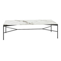 Elegant white marble coffee table with striking gray veining and minimalist black metal base. Perfect for modern decor.