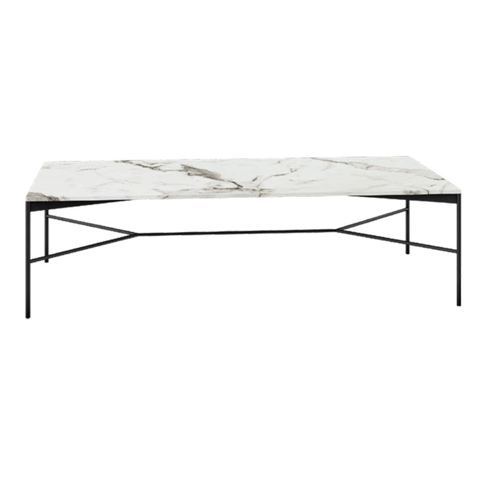 Elegant white marble coffee table with striking gray veining and minimalist black metal base. Perfect for modern decor.