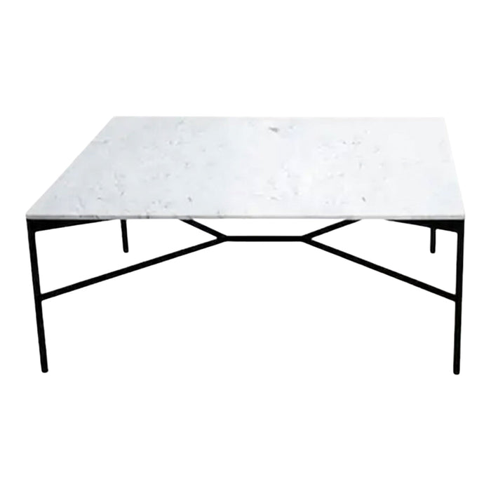 Modern rectangular coffee table with a white marble surface and sleek black metal legs. Perfect for contemporary decor.