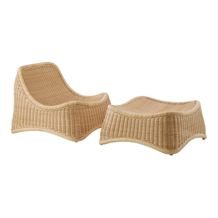 Natural beige wicker lounge chairs with a textured pattern and curved design for outdoor or indoor use.