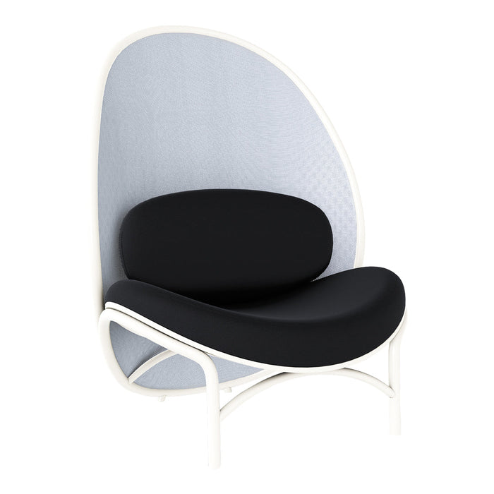 Modern chair with a sleek white frame, soft black seat cushion, and light gray mesh backrest for a stylish contrast.