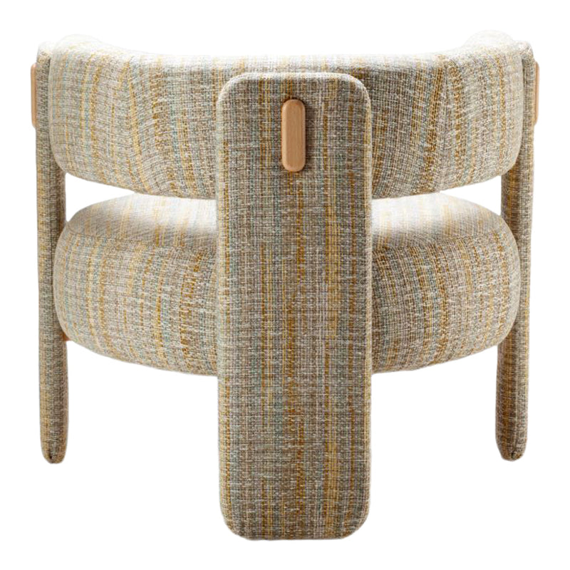 "Round chair with gray, beige, and subtle yellow-striped upholstery pattern."