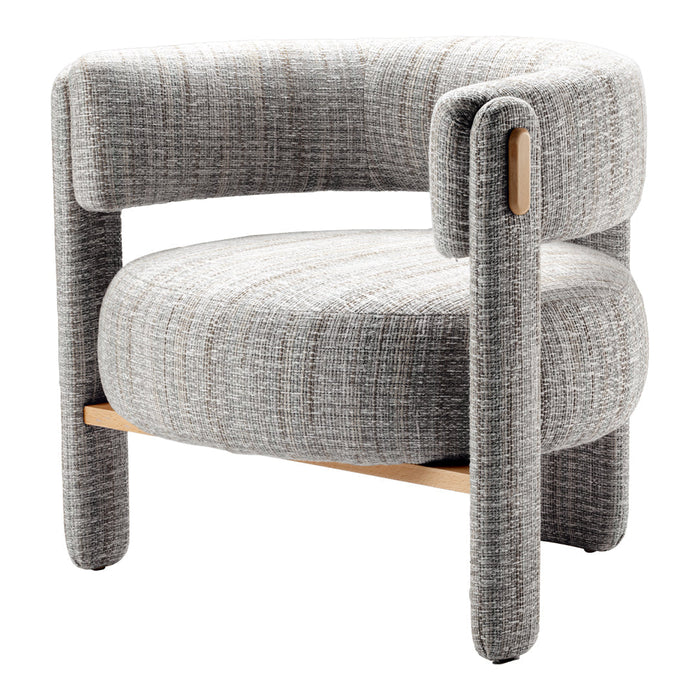 Gray textured chair with a curved design and subtle plaid pattern, complemented by light wood accents.