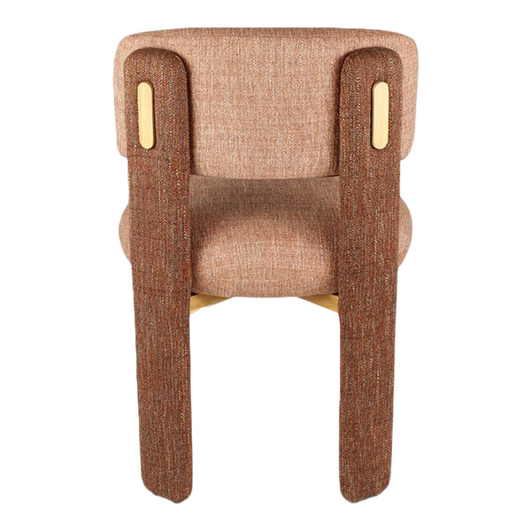 Brown upholstered chair with textured fabric and contrasting wooden accents. Warm, inviting color palette.