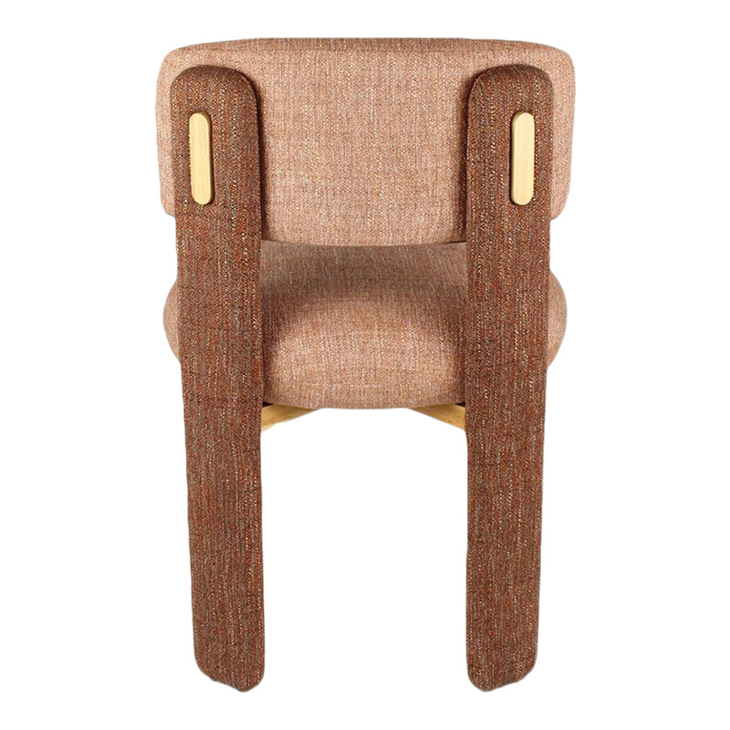 Brown upholstered chair with textured fabric and contrasting wooden accents. Warm, inviting color palette.