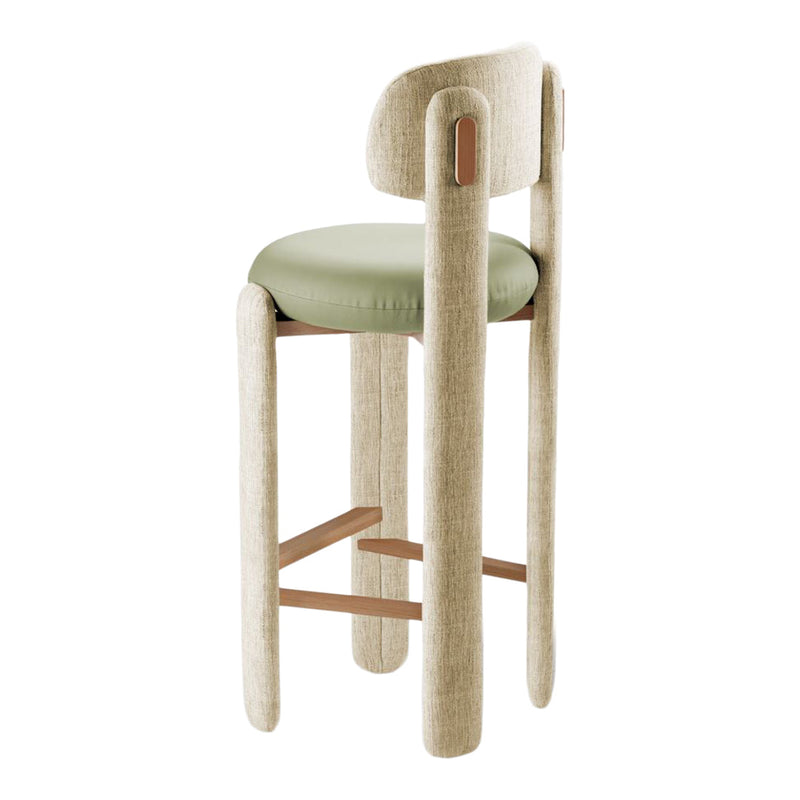 Beige upholstered bar stool with a soft green seat cushion and wooden accents, featuring smooth, minimalist lines.