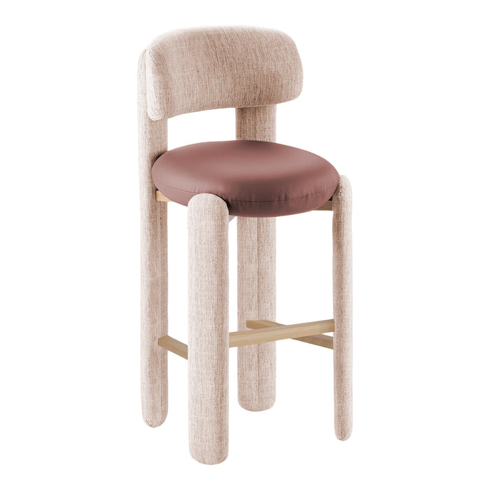 Beige textured bar stool with a soft burgundy seat, featuring rounded edges and wooden accents.
