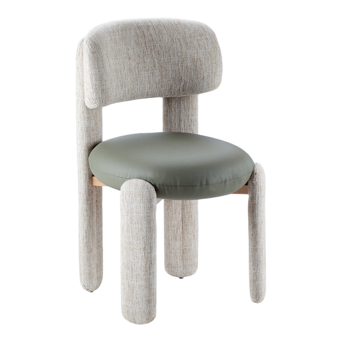 "Beige textured fabric chair with olive green cushion and wooden accents, featuring a modern, minimalist design."