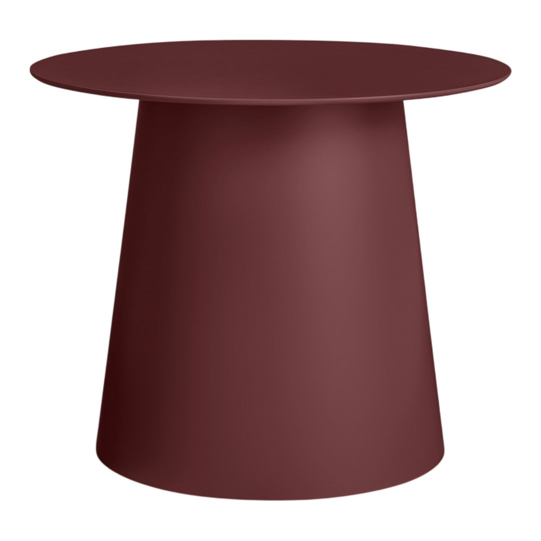 Modern burgundy round table with a sleek, minimalist design and solid color finish. Perfect for contemporary decor.