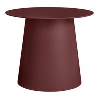 Modern burgundy round table with a sleek, minimalist design and solid color finish. Perfect for contemporary decor.