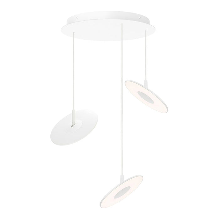Modern white pendant light with three circular shades, featuring a sleek, minimalist design and smooth finishes.