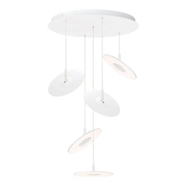 Sleek white ceiling light with five circular shades, featuring a minimalist design and smooth surfaces.