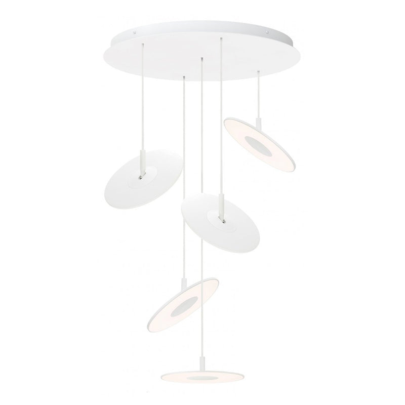 Sleek white ceiling light with five circular shades, featuring a minimalist design and smooth surfaces.